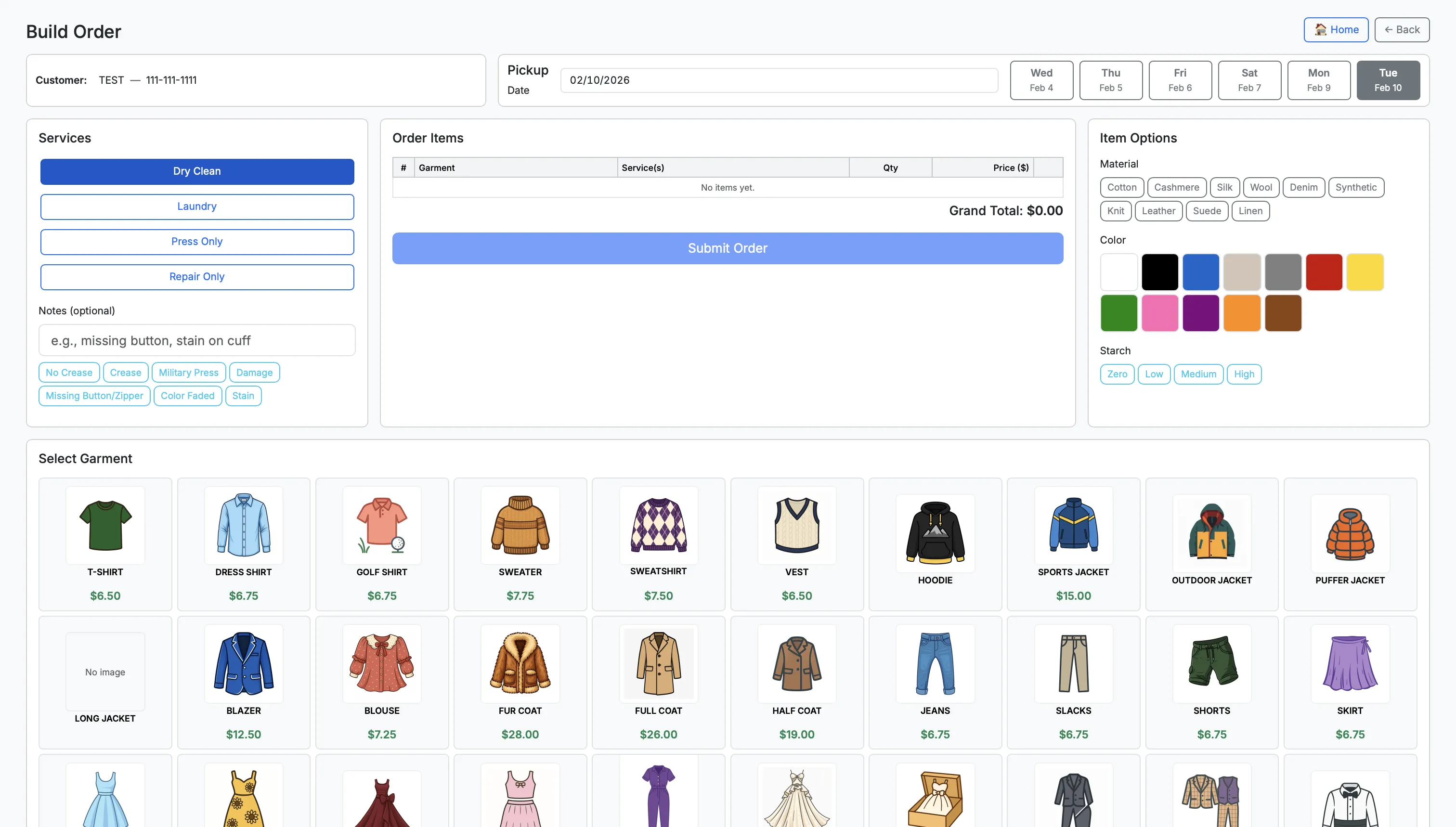 Dry cleaning POS interface screenshot